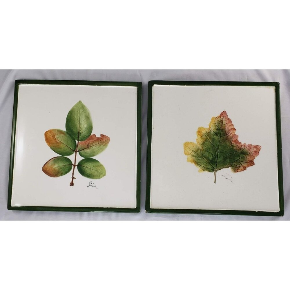 Pier 1 Leaf Trivet Tiles Set of 2 Italy Green White